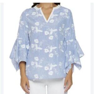 Lysse Blue & White Embroidered 3-D Floral Applique Tunic Top XS